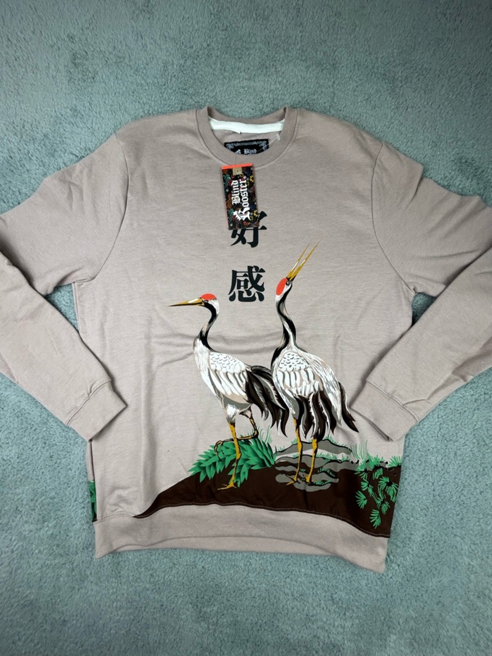 BLIND ROOSTER LARGE Asian Graphic Crane Quote Good Vibes Soft Sweatshirt NWT